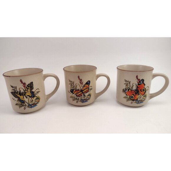 Vintage MCM Butterfly Stoneware Coffee Mugs Tea Cup Set Of 3 Yellow Orange - Picture 1 of 11